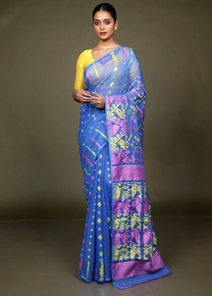 Blue Tant Jamdani Saree Without Blouse Piece