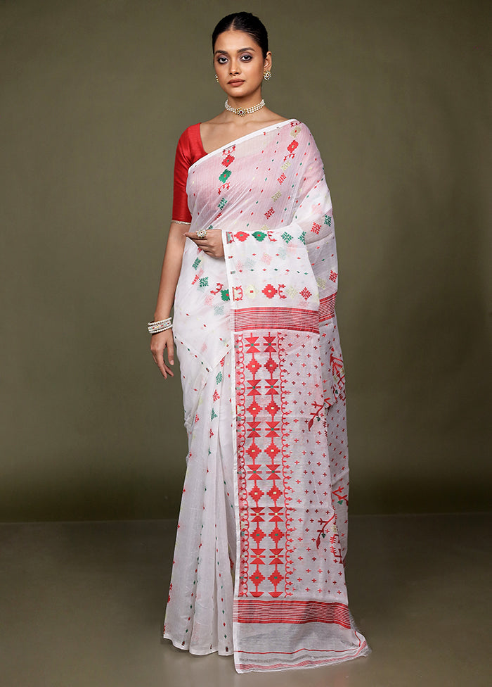 White Tant Jamdani Saree Without Blouse Piece