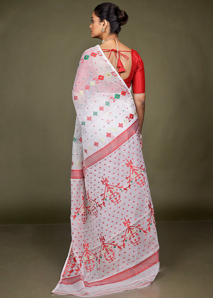 White Tant Jamdani Saree Without Blouse Piece