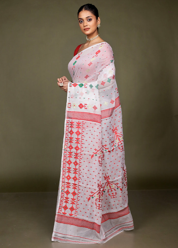 White Tant Jamdani Saree Without Blouse Piece