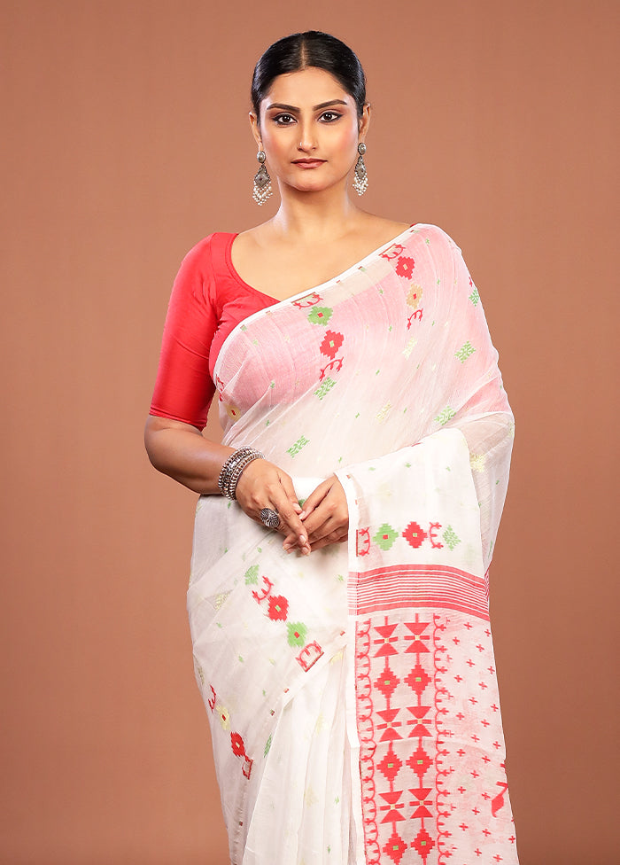 White Jamdani Cotton Saree Without Blouse Piece