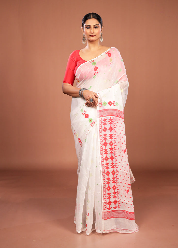 White Jamdani Cotton Saree Without Blouse Piece