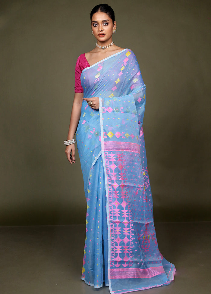 Blue Tant Jamdani Saree Without Blouse Piece