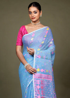 Blue Tant Jamdani Saree Without Blouse Piece