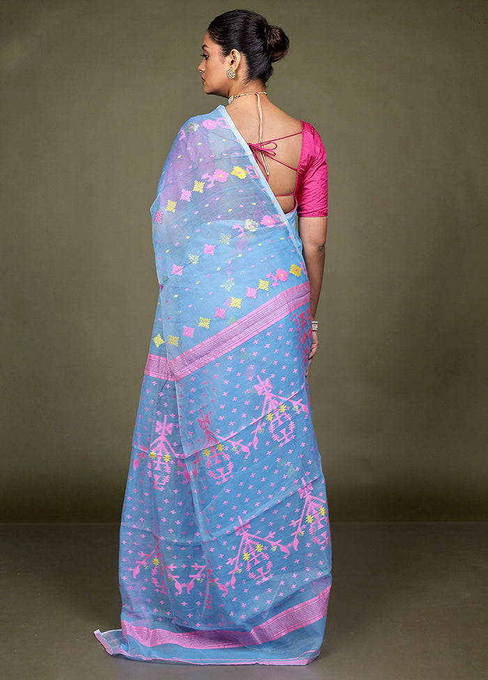 Blue Tant Jamdani Saree Without Blouse Piece