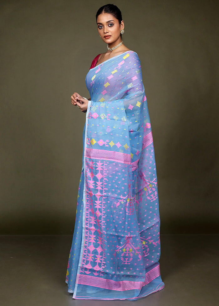 Blue Tant Jamdani Saree Without Blouse Piece