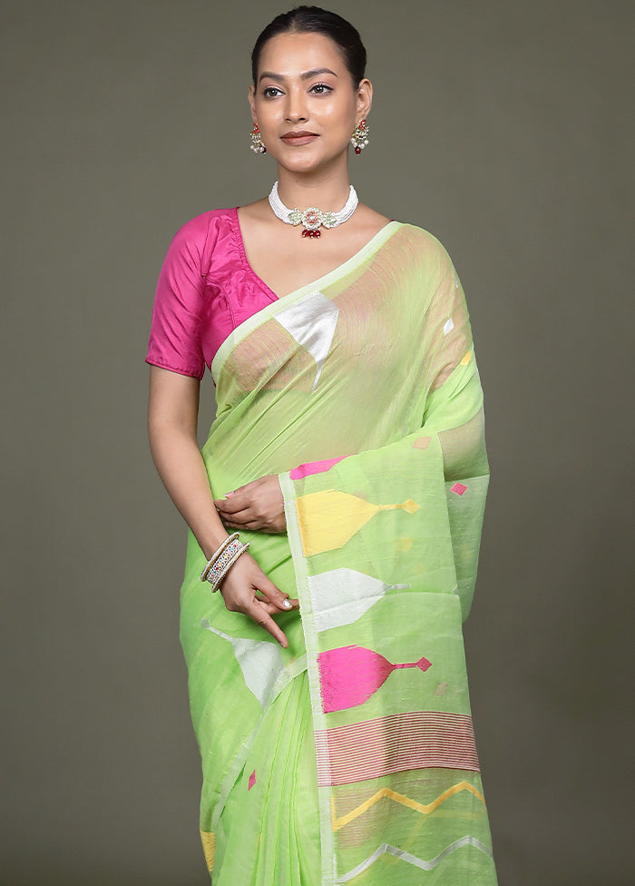 Green Jamdani Cotton Saree Without Blouse Piece