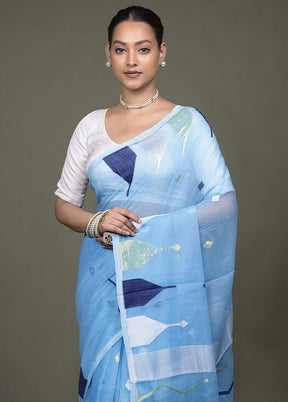 Blue Jamdani Cotton Saree Without Blouse Piece