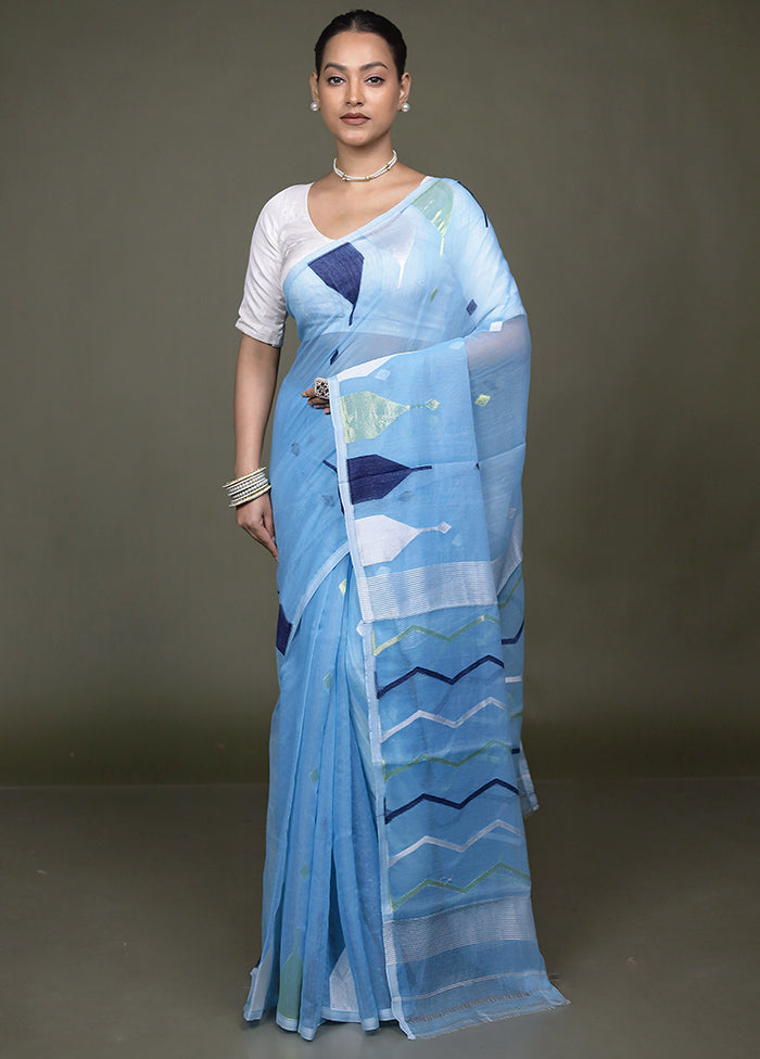 Blue Jamdani Cotton Saree Without Blouse Piece
