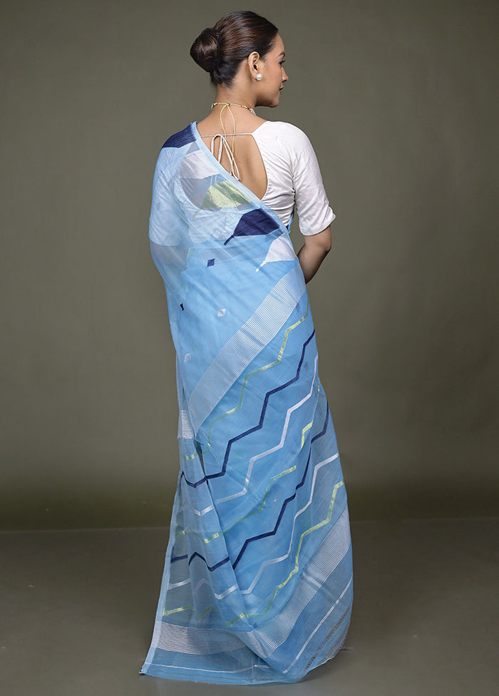 Blue Jamdani Cotton Saree Without Blouse Piece