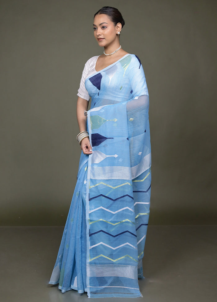 Blue Jamdani Cotton Saree Without Blouse Piece