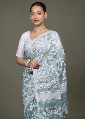 Green Tant Jamdani Saree Without Blouse Piece