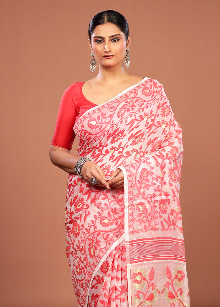 White Jamdani Cotton Saree Without Blouse Piece