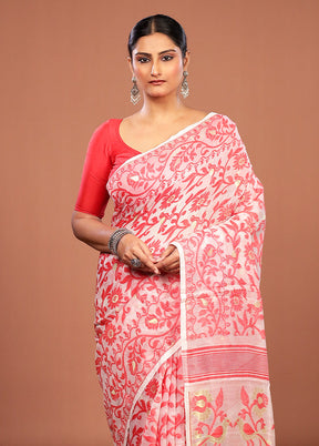 White Jamdani Cotton Saree Without Blouse Piece