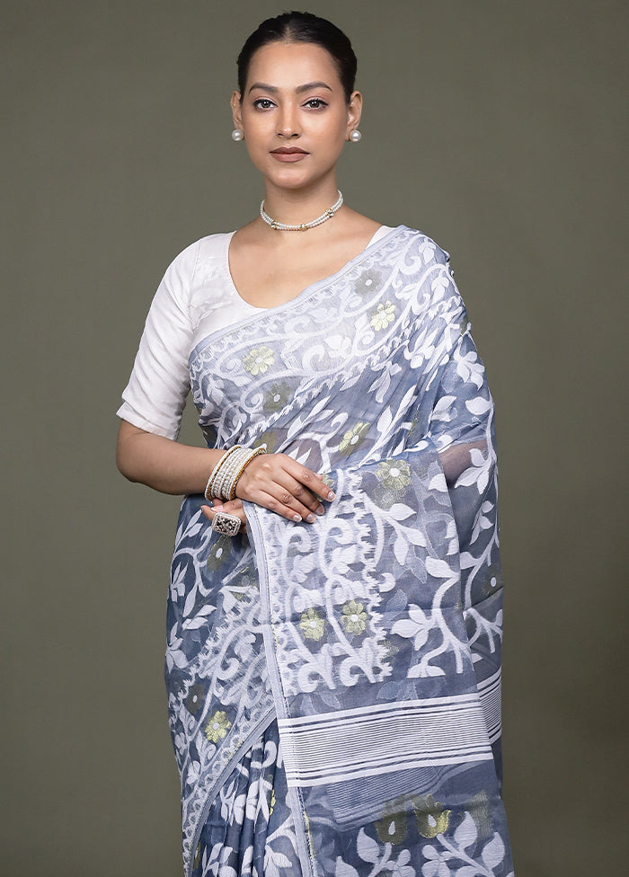 Grey Tant Jamdani Saree Without Blouse Piece