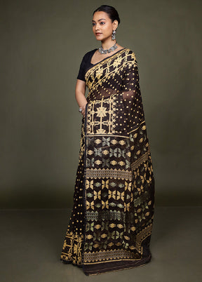 Maroon Tant Jamdani Saree Without Blouse Piece