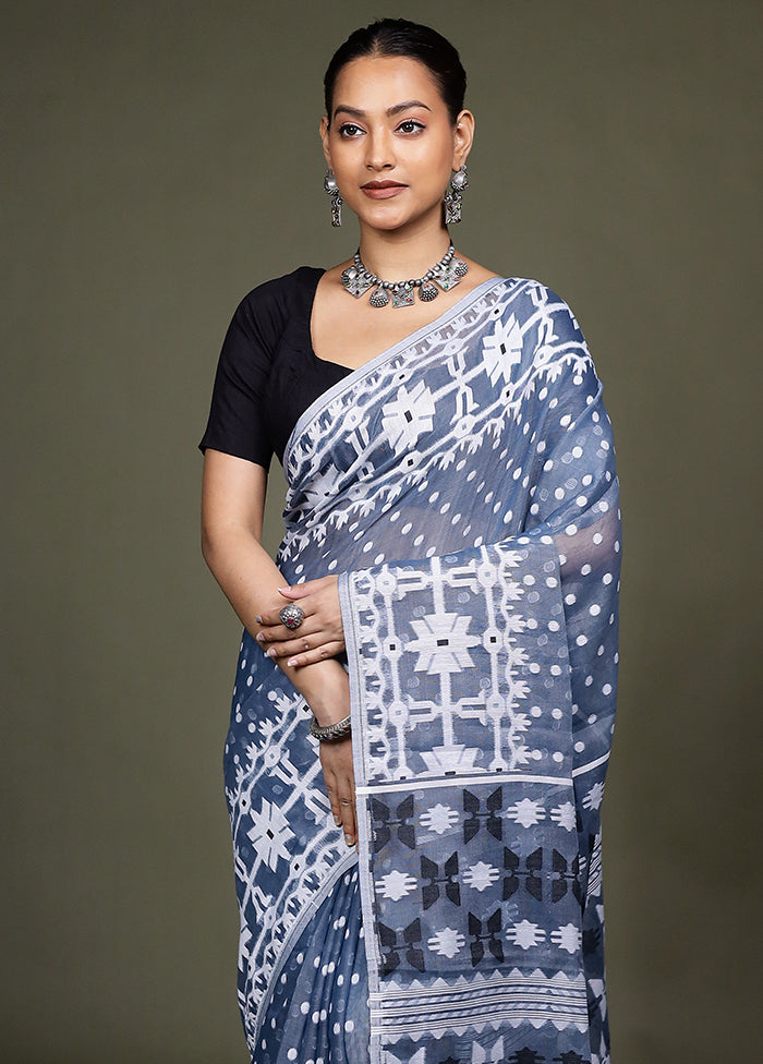 Blue Jamdani Cotton Saree Without Blouse Piece