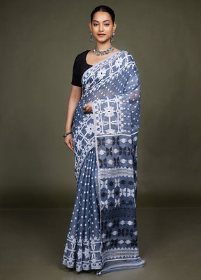Blue Jamdani Cotton Saree Without Blouse Piece