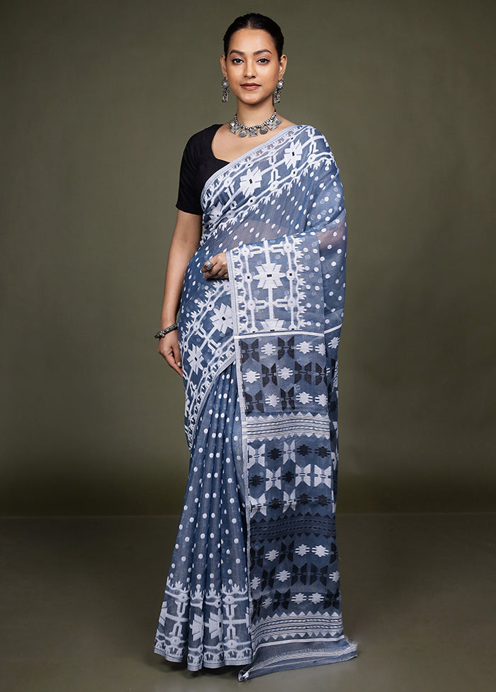 Blue Jamdani Cotton Saree Without Blouse Piece