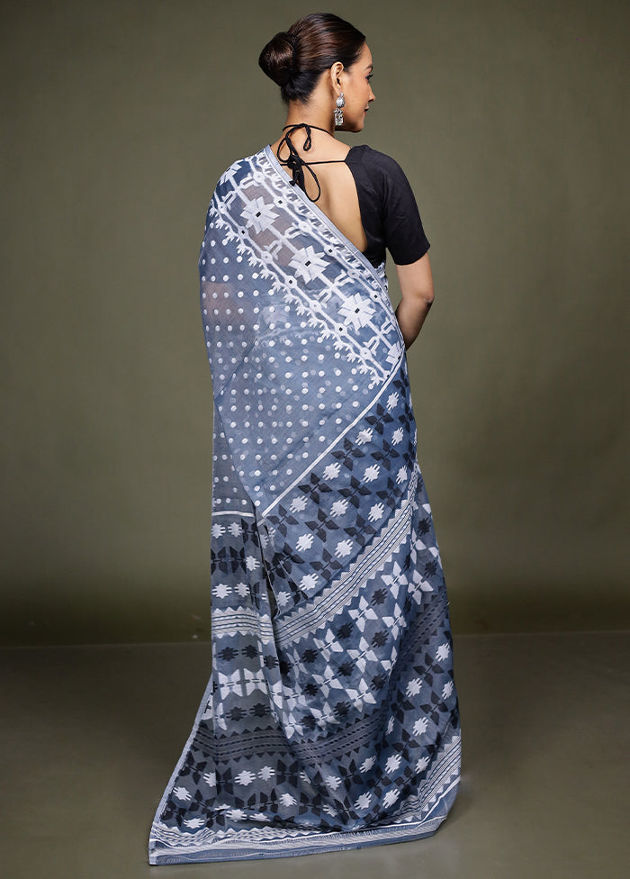 Blue Jamdani Cotton Saree Without Blouse Piece