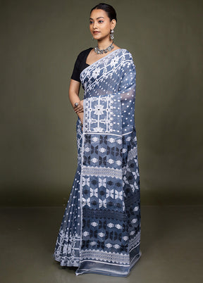 Blue Jamdani Cotton Saree Without Blouse Piece