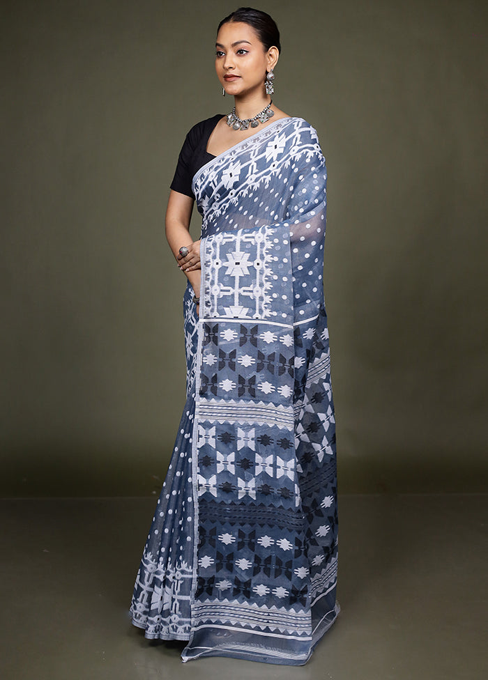 Blue Jamdani Cotton Saree Without Blouse Piece