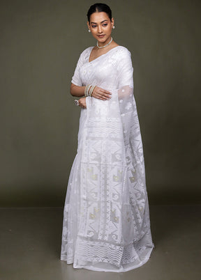 White Tant Jamdani Saree Without Blouse Piece