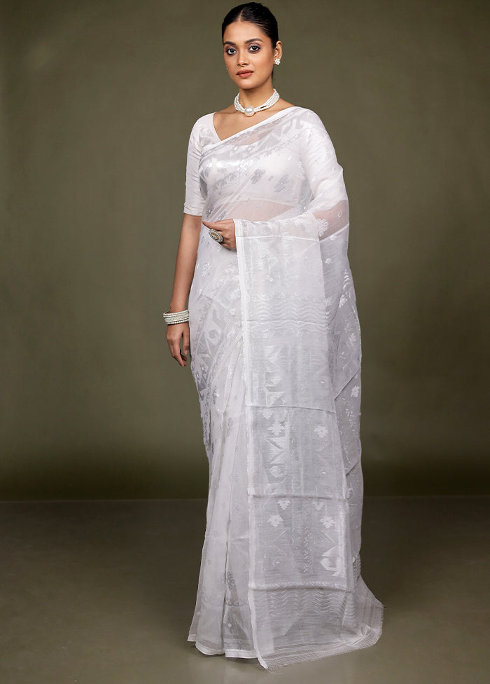 White Tant Jamdani Saree Without Blouse Piece