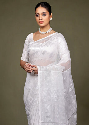 White Tant Jamdani Saree Without Blouse Piece