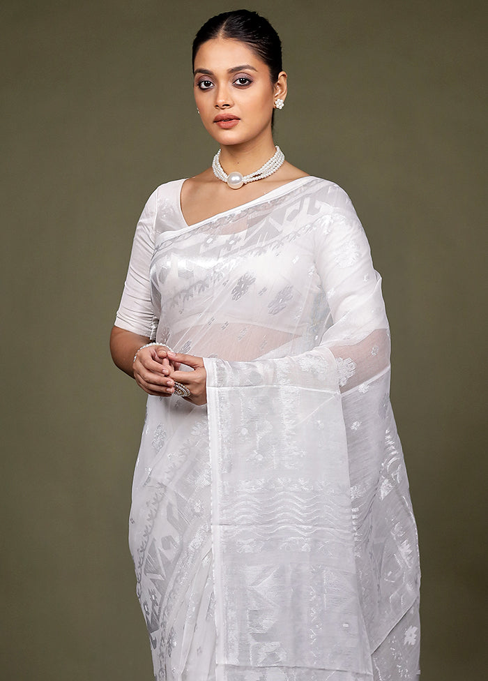 White Tant Jamdani Saree Without Blouse Piece