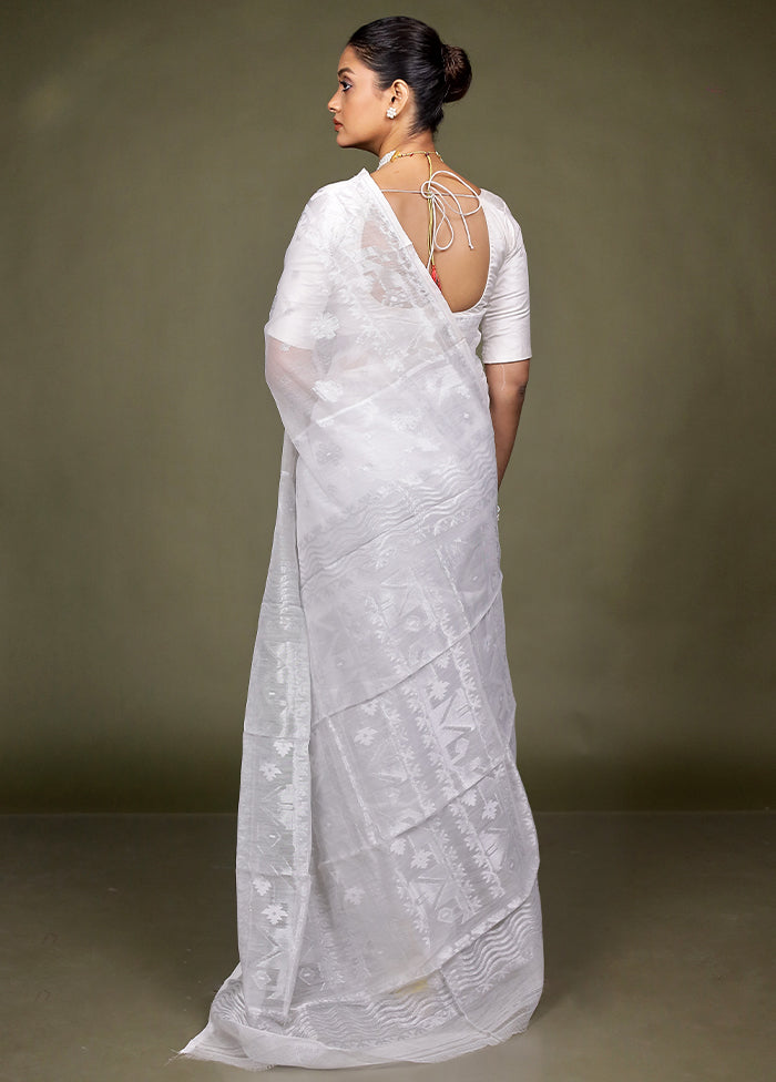 White Tant Jamdani Saree Without Blouse Piece