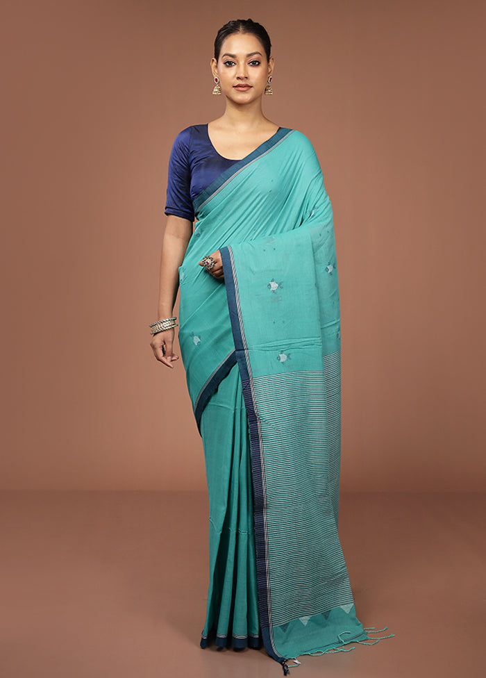 Green Mulmul Cotton Saree With Blouse Piece