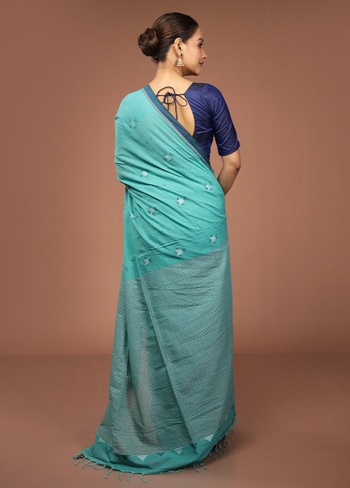 Green Mulmul Cotton Saree With Blouse Piece