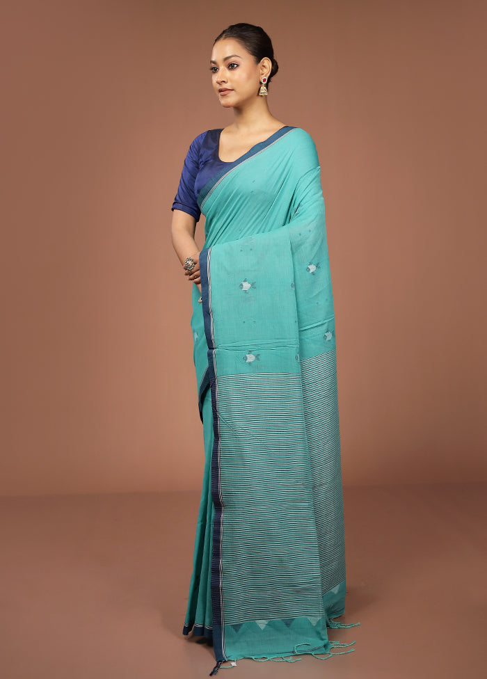 Green Mulmul Cotton Saree With Blouse Piece