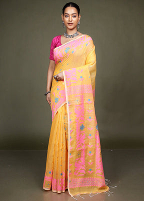 Yellow Matka Silk Saree With Blouse Piece