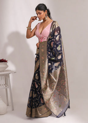 Blue Organza Saree With Blouse Piece