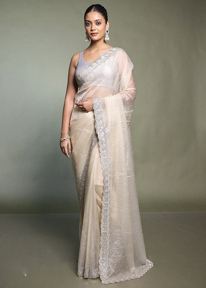 Cream Crushed Tissue Silk Saree With Blouse Piece