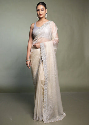 Cream Crushed Tissue Silk Saree With Blouse Piece