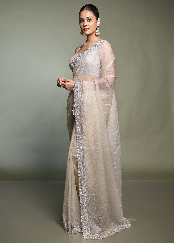Cream Crushed Tissue Silk Saree With Blouse Piece