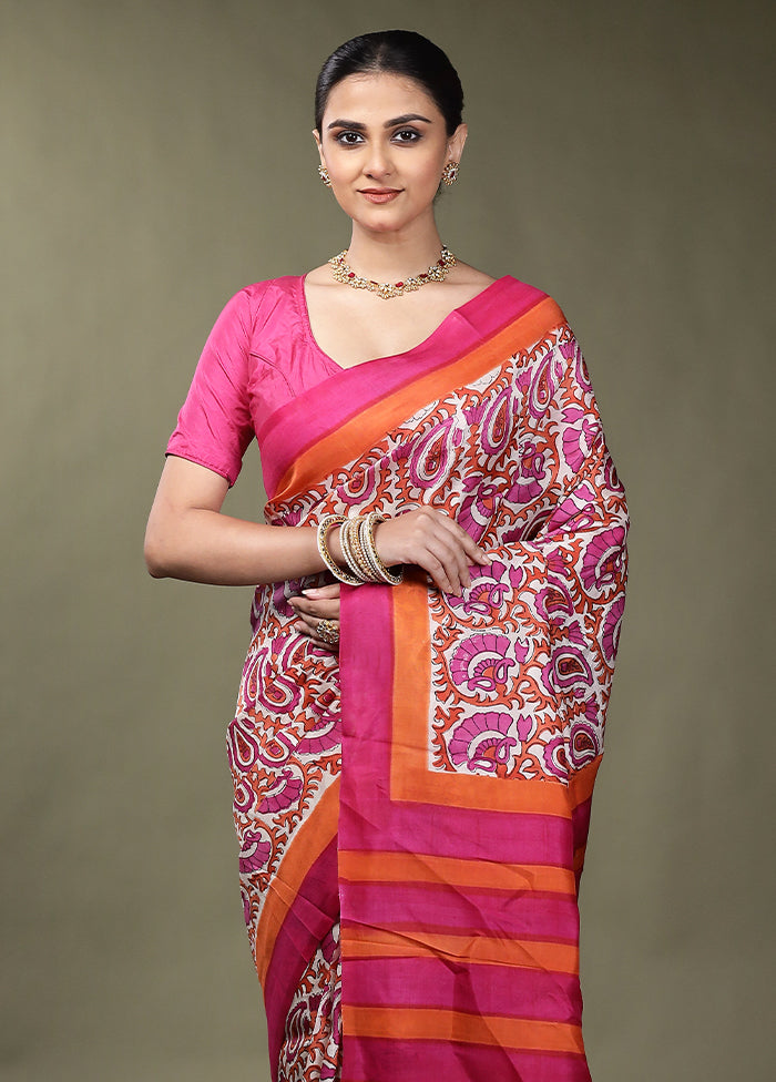 White Printed Pure Silk Saree Without Blouse Piece