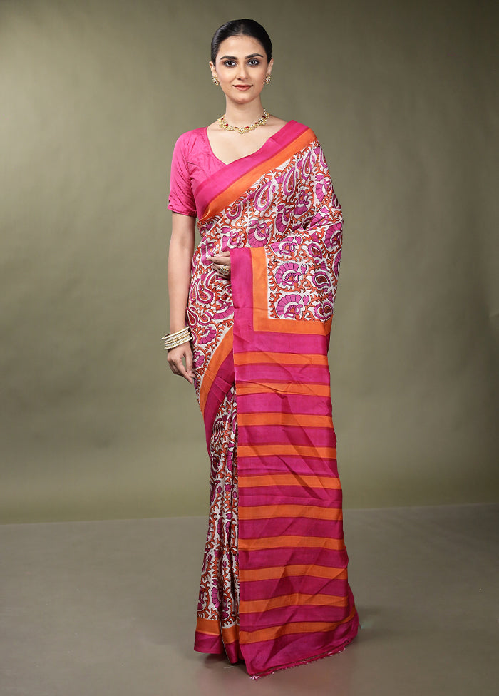 White Printed Pure Silk Saree Without Blouse Piece