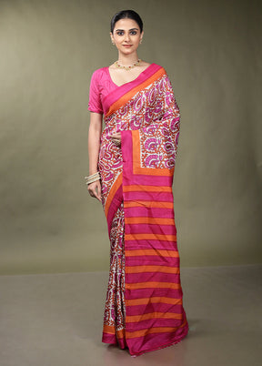 White Printed Pure Silk Saree Without Blouse Piece