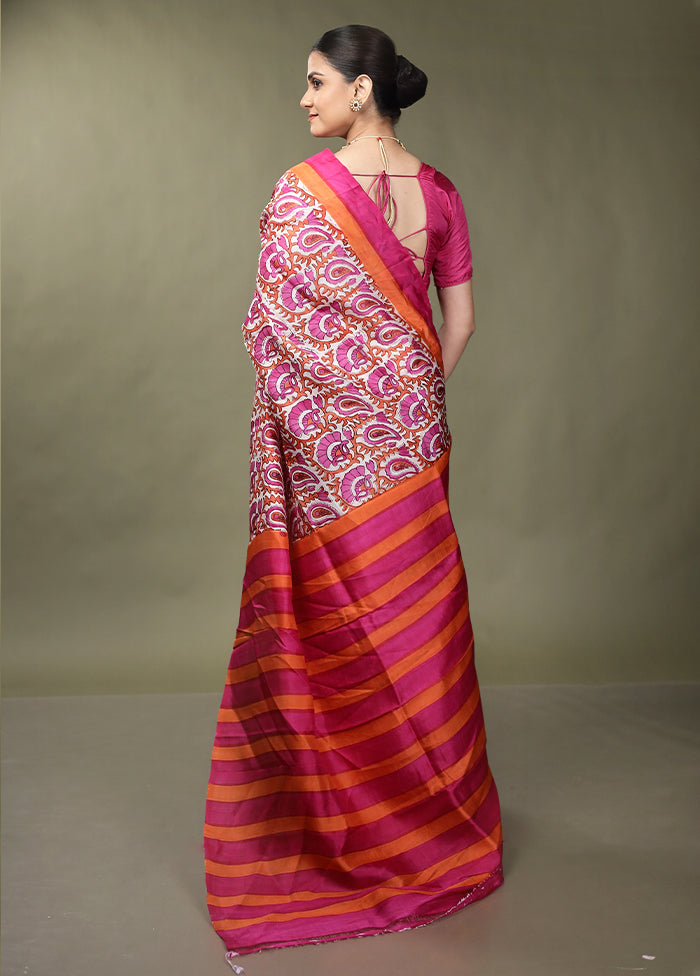 White Printed Pure Silk Saree Without Blouse Piece