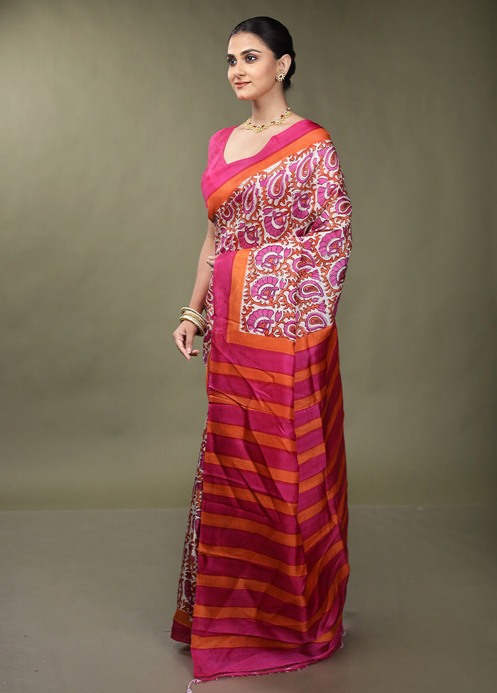 White Printed Pure Silk Saree Without Blouse Piece