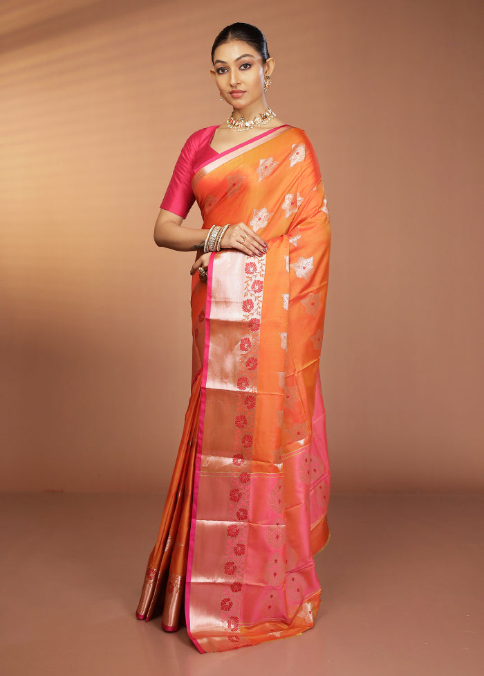 Orange Dupion Silk Saree With Blouse Piece