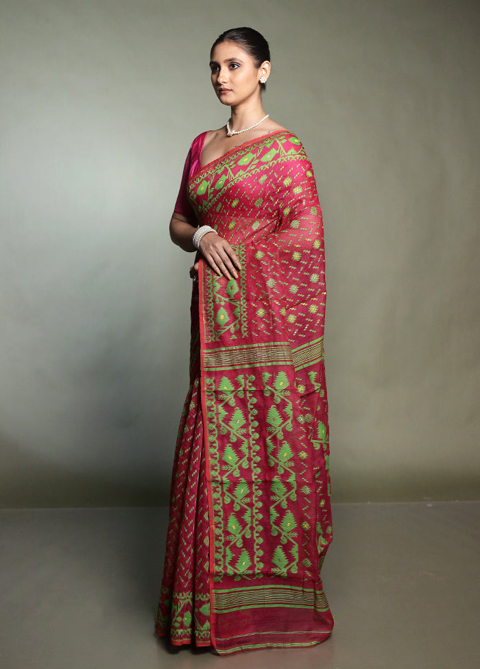 Pink Tant Jamdani Saree Without Blouse Piece