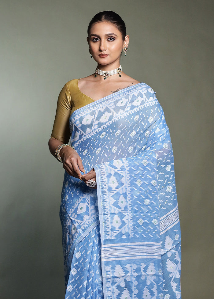 Blue Tant Jamdani Saree Without Blouse Piece