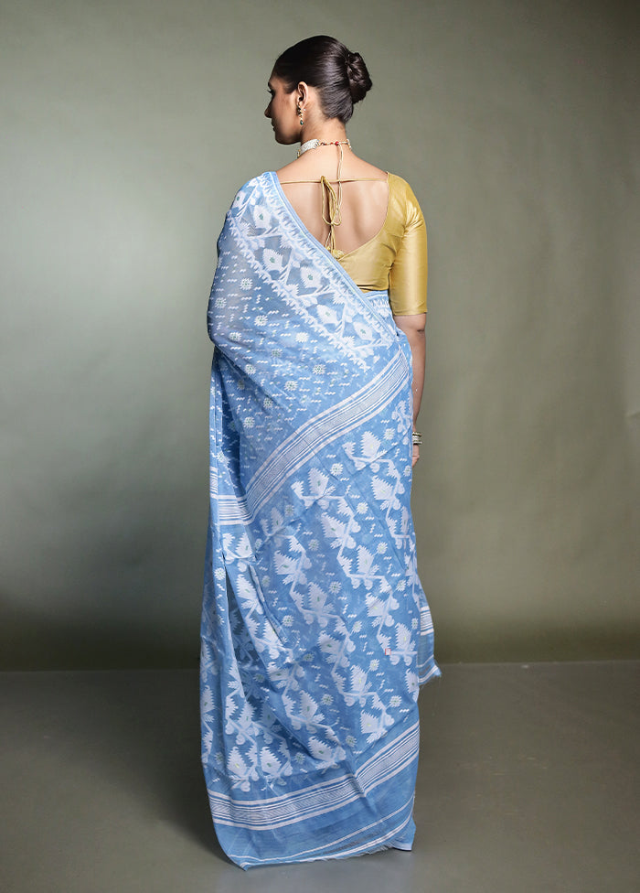 Blue Tant Jamdani Saree Without Blouse Piece