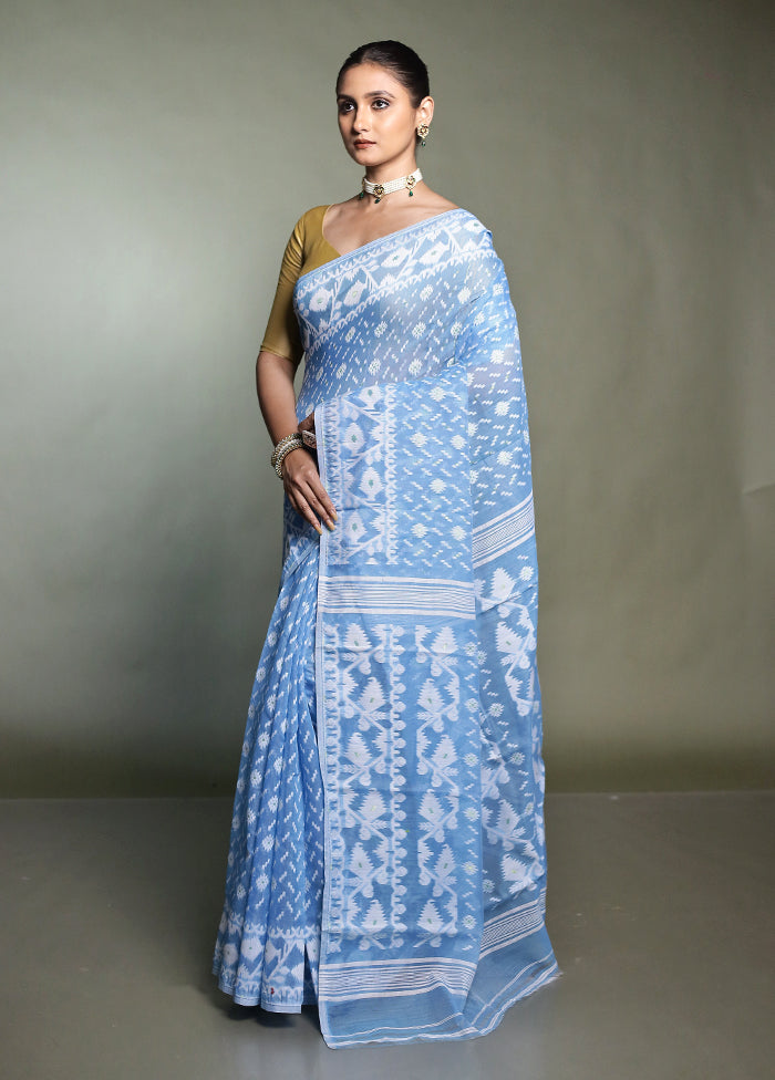 Blue Tant Jamdani Saree Without Blouse Piece