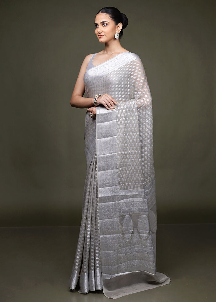 Grey Kora Silk Saree With Blouse Piece